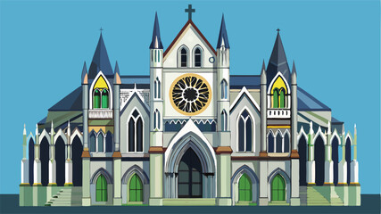 Aufkleber - Colorful vector illustration of a grand Gothic cathedral with intricate architectural details and prominent towers against a serene backdrop