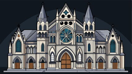 Aufkleber - Colorful vector illustration of a grand Gothic cathedral with intricate architectural details and prominent towers against a serene backdrop