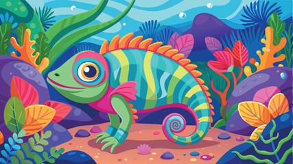 Poster - Colorful chameleon in a vibrant underwater landscape surrounded by coral and aquatic plants during a sunny day