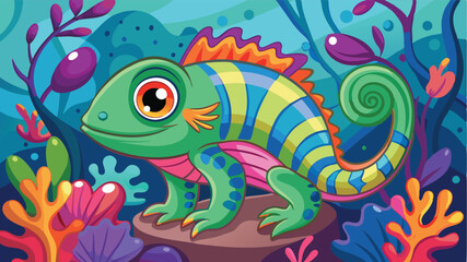 Poster - Colorful chameleon in a vibrant underwater landscape surrounded by coral and aquatic plants during a sunny day