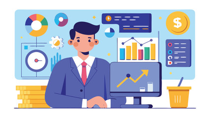 Poster - Business professional working on a laptop in a modern office setting with charts and graphs displayed on a screen alongside potted plants and coffee