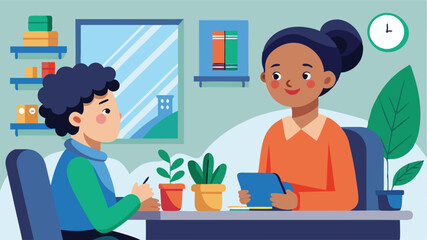 Poster - Two individuals engaged in a collaborative work session at a desk in a cozy office space, focusing on a laptop and discussing ideas in a bright environment