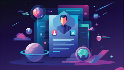Poster - Vector illustration of a digital user profile surrounded by planets and technology with vibrant colors and cosmic elements