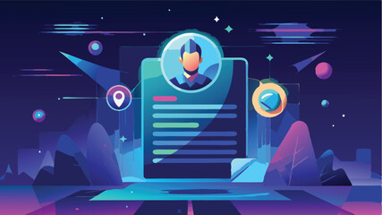 Poster - Vector illustration of a digital user profile surrounded by planets and technology with vibrant colors and cosmic elements