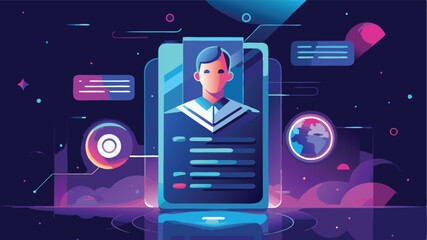 Poster - Vector illustration of a digital user profile surrounded by planets and technology with vibrant colors and cosmic elements