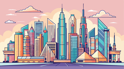 Poster - Colorful vector illustration of a modern city skyline featuring skyscrapers, geometric buildings, and a vibrant sunset backdrop with soft clouds and clear outlines