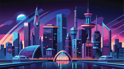 Aufkleber - Vector clipart showcasing a futuristic city skyline during twilight with vibrant colors and distinctive architectural structures