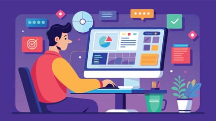 Poster - Digital workspace illustration featuring a person using a computer while surrounded by colorful graphics and potted plants in a modern office setting