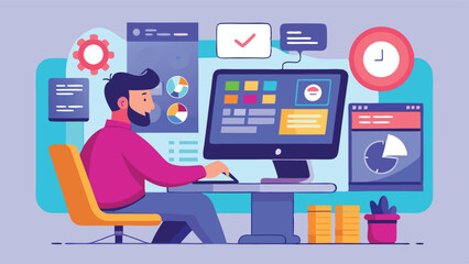 Poster - Digital workspace illustration featuring a person using a computer while surrounded by colorful graphics and potted plants in a modern office setting