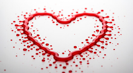 Poster - Red liquid heart shape with drops on white surface. Symbol of love, romance, and Valentines Day.