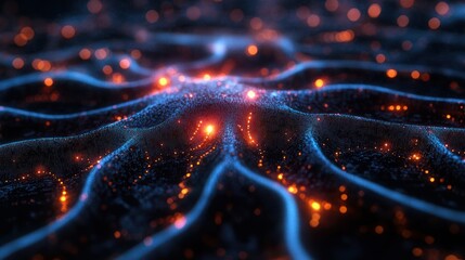 Poster - Abstract neural network, glowing nodes, intricate structure, detailed background, scientific visualization, possible use in educational or scientific presentations