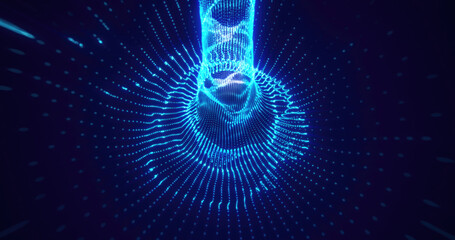 Fototapete - Dynamic blue neon light trails forming wave-like tunnel  patterns in a dark digital space, representing motion and futuristic design