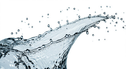 Poster - Water splash with droplets isolated on white background, showcasing purity, freshness, and the dynamic movement of liquid in a clean, simple composition.