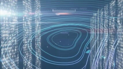 Poster - Glowing digital contour lines swirling in 3D data space, flanked by translucent binary code pillars