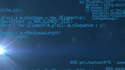 Fototapete - Blue programming code text being visualized on dark blue gradient, with bright lens-flare effect