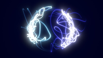 Poster - light blue and white glowing energy ribbons forming a digital sphere with flowing particle streams