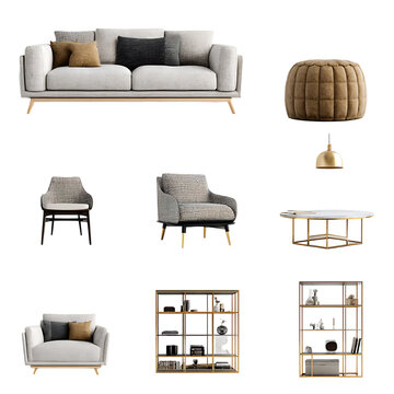 Modern interior furniture set in 3d rendering on white background .