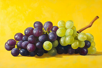 Poster - Still life of purple and green grapes on yellow background.