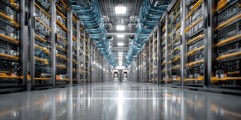 Futuristic data center aisle perspective. Server racks line sides. Neat blue cable bundles run overhead and along racks. Bright, even lighting reflects on polished floor. High-tech, organized.