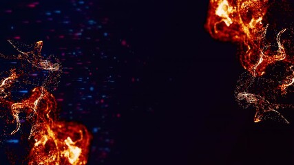 Poster - Glowing orange particle cluster flowing across dark void, with neon streaks in digital flat design