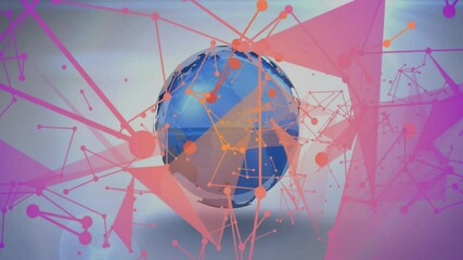 Poster - Blue Earth globe floating within abstract digital network, showing pink red orange node connections