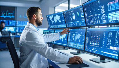 Fototapete - Tech Specialist at Work: A focused technician in a high-tech environment, meticulously monitors data across multiple screens, emphasizing efficiency and cutting-edge innovation.