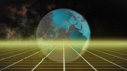 Aufkleber - Floating 3D transparent globe hovering above glowing grid with faint scanlines and smoky clouds