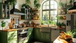 © Arfi Studio - Bright, green kitchen with plants and natural light.  Rustic, modern cabinets, and ample storage