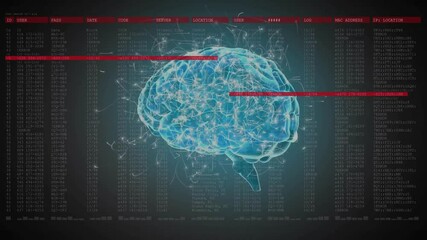 Poster - Glowing semi-transparent blue 3D brain model projecting neural light trails across dashboard tables
