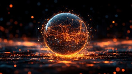 Poster - Abstract Sphere with Glowing Orange Connections on Black Background – Futuristic Digital Network Visualization Featuring Energy Nodes and High-Tech Artistic Design, 8k resolution