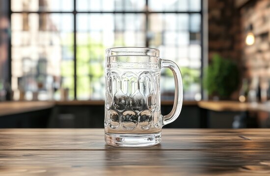 Clear glass beer mug filled with water, on a wooden bar top,  in a blurred cafe interior