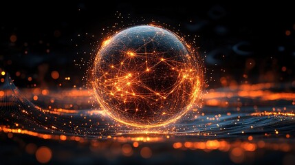 Poster - Abstract Sphere with Glowing Orange Connections on Black Background – Futuristic Digital Network Visualization Featuring Energy Nodes and High-Tech Artistic Design, 8k resolution