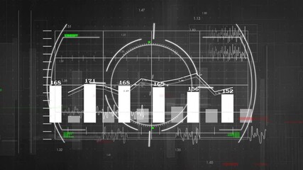 Poster - Animated 3D render data dashboard showing circular gauge over six bars with line graph and waveform