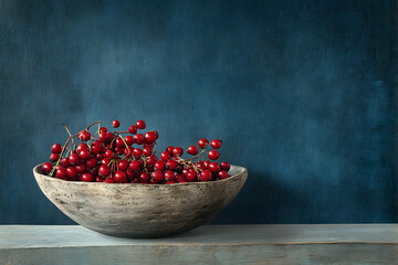 Poster - Still life arrangement of red berries in a rustic bowl.