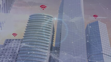 Poster - Urban skyline showcasing network nodes overlaying glass skyscrapers, highlighting red wifi icons