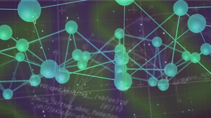 Poster - Translucent green-blue spheres connecting in 3D render, forming node graph over dark purple grid