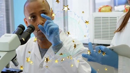 Poster - male scientist pointing at microscope in lab, holographic network overlay hovering above clipboard