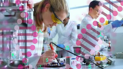 Aufkleber - Female researcher soldering circuit board in lab under floating DNA strands and recycling icons