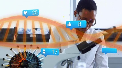 Aufkleber - Female scientist examining microscope in science lab, showing reaction icons over test tube rack