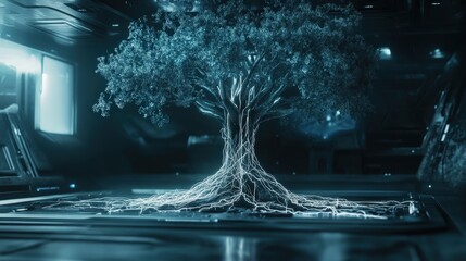 Poster - Create a concept art of a futuristic tree with metallic roots, extending like wires, isolated against a dark background.