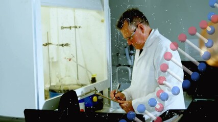 Poster - Senior scientist reviewing results with clipboard in chemistry lab, with floating molecular graphic