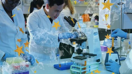 Aufkleber - Research team handling microscope pipettes and tube racks in research lab, showing network graphics