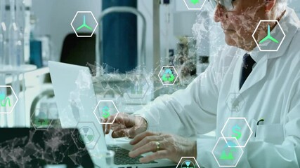 Poster - Senior male scientist typing at lab bench, overlaying tech hex icons showing green energy symbols