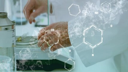 Poster - senior scientist's hand reaching toward petri dish in lab, displaying floating molecular graphics