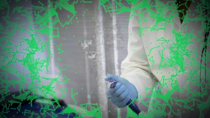 Poster - Gloved lab technician holding pipette, dispensing liquid in laboratory with green network overlay
