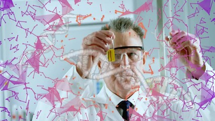 Poster - Senior scientist holding test tubes in science lab showing 3D DNA strands and molecular mesh