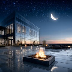 Poster - Modern Nightscape: Rooftop Fire Pits, Crescent Moon, and Reflective Building Under a Starry Sky 