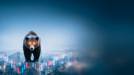 Poster - Stock Market Bear: A digital depiction of a formidable bear stands amidst a cityscape, with charts underscoring its influence on the stock market.  