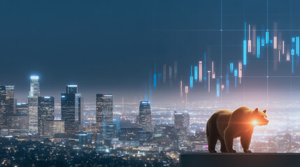 Poster - Bear Market Silhouette: A formidable bear statue gazes over a cityscape, with a dynamic stock chart displayed in the background, evoking an atmosphere of economic uncertainty.
