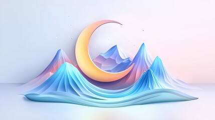 Poster - 3D minimal logo with crescent moon above vibrant mountain peaks, clean white background